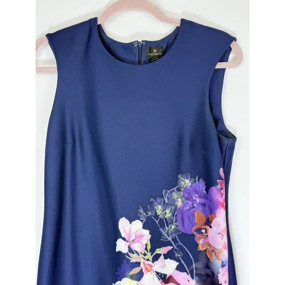 Worthington Navy Blue w/ Florals Bodycon Sleeveless Smooth Stretch‎ Dress Size 6